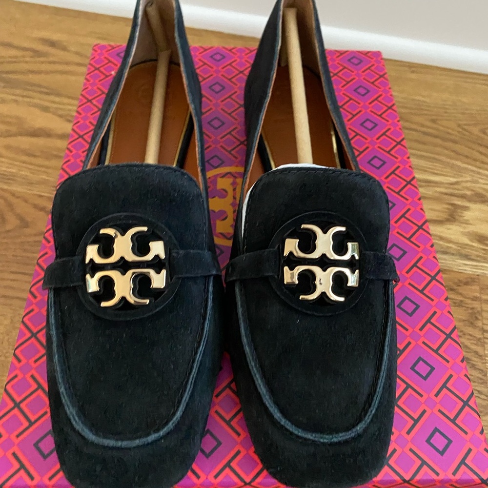 New ~Tory Burch 'Metal Miller' Logo Loafer Black Suede Women's Sz 7.5 MSRP $298